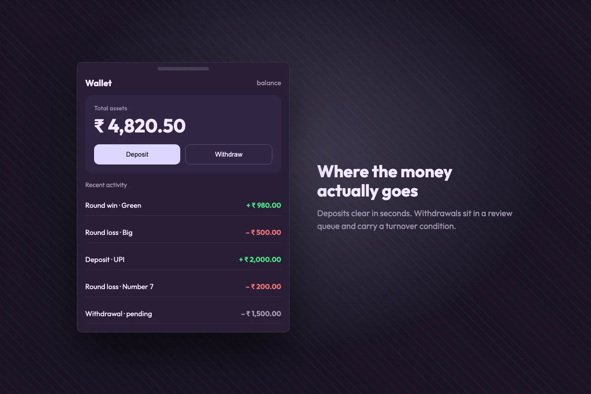 Wallet screen showing the balance, deposit and withdraw buttons and a list of recent round wins and losses